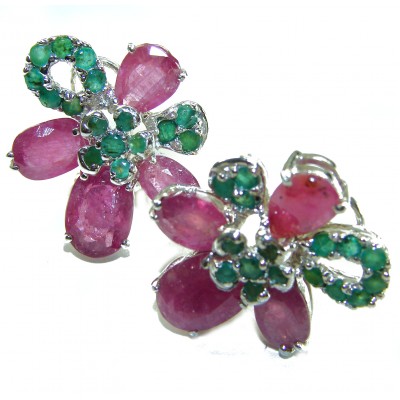 Flower 28.2 carat Mozambique Ruby Emerald .925 Sterling Silver .925 Sterling Silver dipped in rhodium Statement earrings