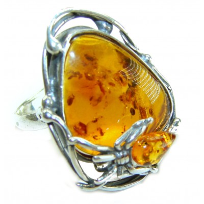 Beauty of the Nature Baltic Amber .925 Sterling Silver handcrafted ring; s. 7