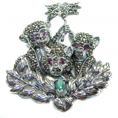Three Monkeys - Spectacular - Ruby Marcasite .925 Sterling Silver handmade Brooch
