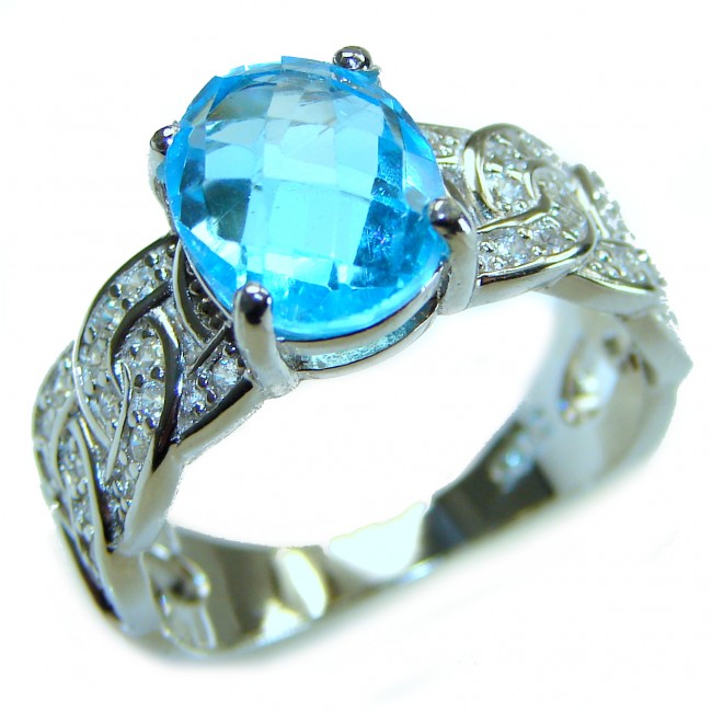 6.5 carat authentic Swiss Blue Topaz .925 Sterling Silver handmade Statement Ring size 6