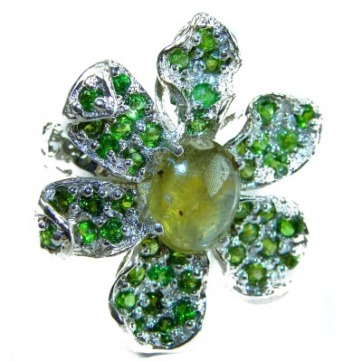 Exotica Natural 15.4 carat Green Tourmaline Tsavorite Garnet .925 Sterling Silver handmade Large Statement Ring size 7