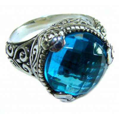 Nautilus 12.8 carat London Blue Topaz .925 Sterling Silver handcrafted Ring size 7 adjustable