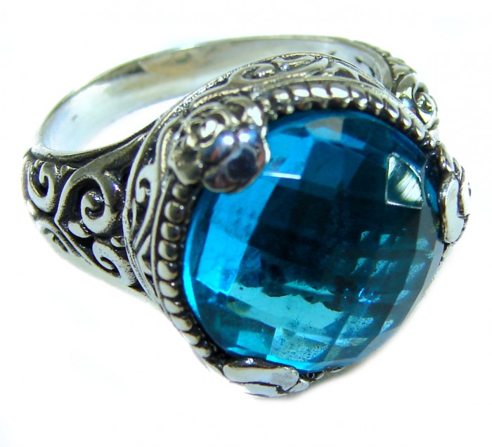 Nautilus 12.8 carat London Blue Topaz .925 Sterling Silver handcrafted Ring size 7 adjustable