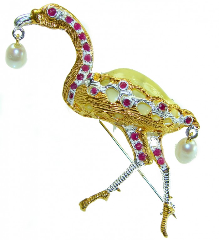 Precious Heron Natural Sea Shell 2 tones .925 Sterling Silver Brooch