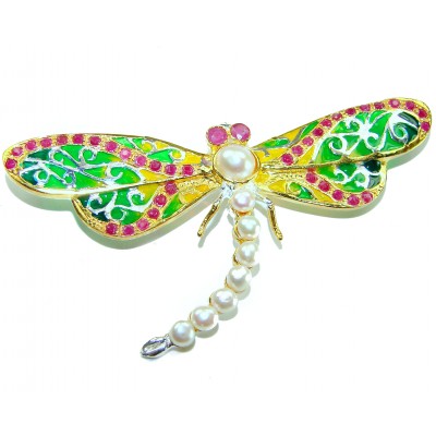 Big Dragonfly Pearl Enamel 18K Gold over .925 Sterling Silver handcrafted Pendant Brooch