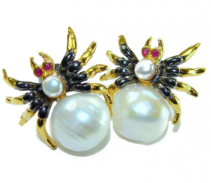 Spider Genuine Pearl 14K Gold rhodium over .925 Sterling Silver handcrafted Statement Earrings