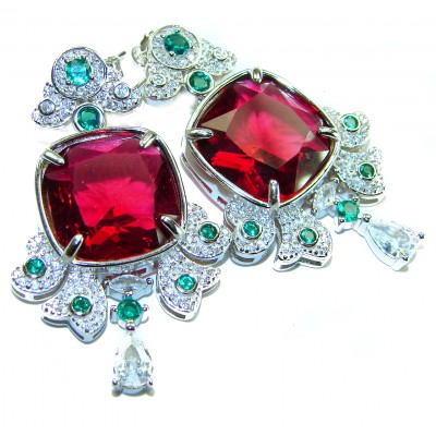Art Deco - Luxurious natural 14.5 carat Ruby .925 Sterling Silver handmade Statement earrings
