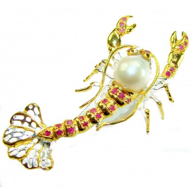 Precious Crayfish Natural Mother of Pearl Ruby 18K Gold over .925 Sterling Silver handmade Pendant Brooch