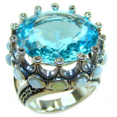 Massive Angel Blue 41.8 carat Aquamarine .925 Sterling Silver handcrafted Large ring size 7