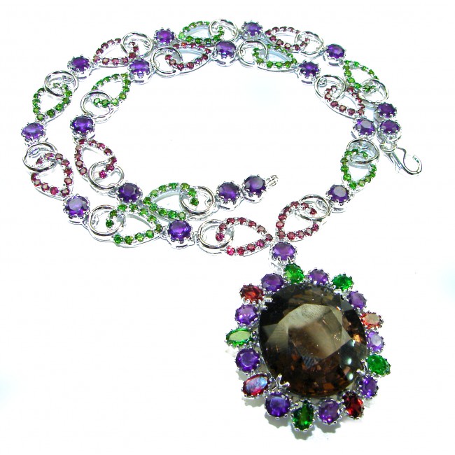 Outstanding 47.5 carat authentic Smoky Topaz .925 Sterling Silver handcrafted Statement necklace