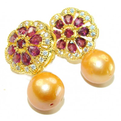 Sublime Golden Pearl Garnet 148K Gold over .925 Sterling Silver handcrafted Earrings