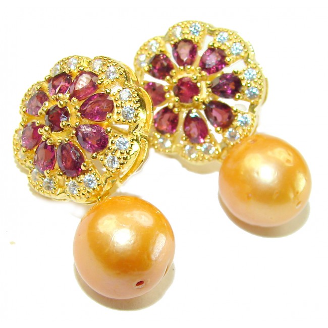 Sublime Golden Pearl Garnet 148K Gold over .925 Sterling Silver handcrafted Earrings