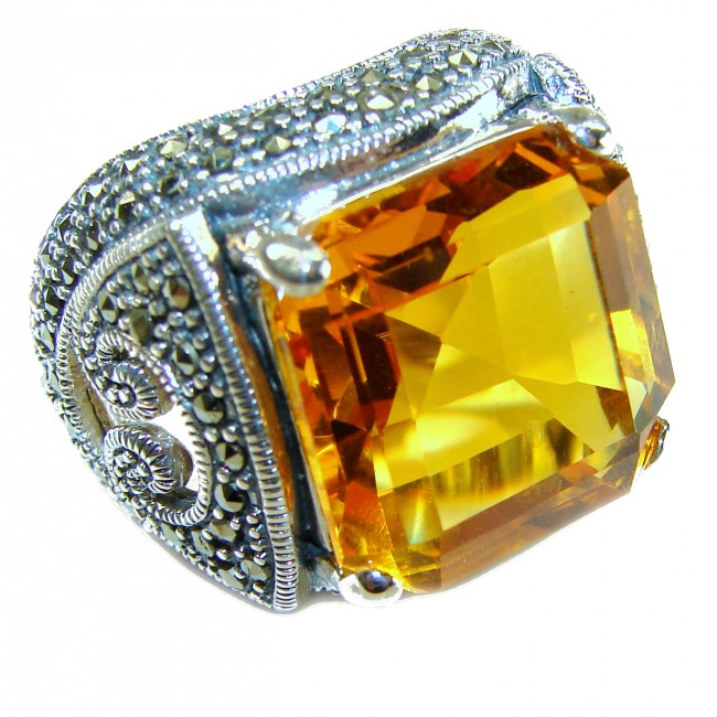 Pure Celestial energy Natural 33.4 carat Golden Topaz Marcasite .925 Sterling Silver handmade Large Statement Ring size 7