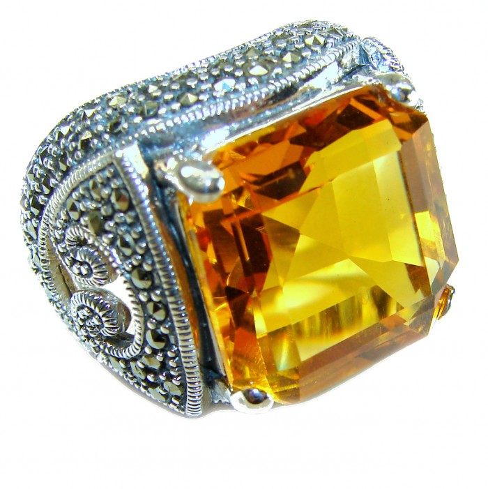 Pure Celestial energy Natural 33.4 carat Golden Topaz Marcasite .925 Sterling Silver handmade Large Statement Ring size 7