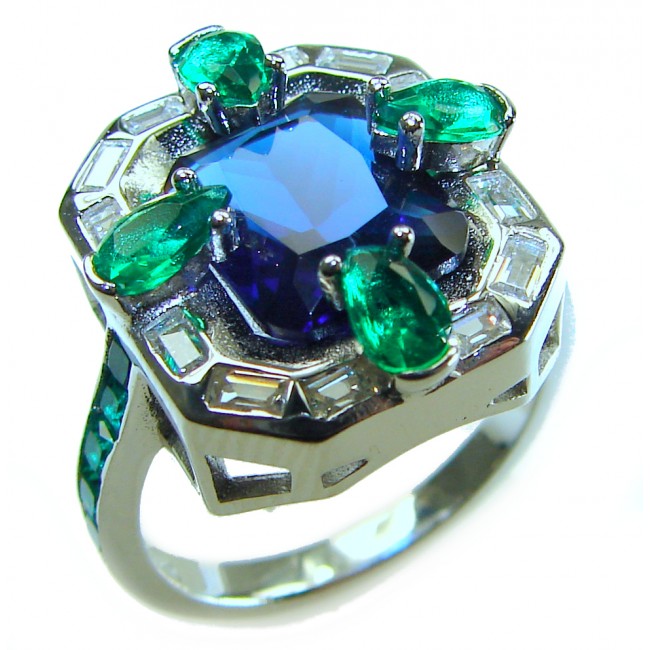 Art Deco 8.6 ctw Sapphire Emerald .925 Sterling Silver handcrafted Statement Ring size 7 1/2