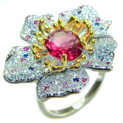 Spectacular Flower Authentic 4.3 carat Pink Tourmaline 2 tones .925 Sterling Silver handmade Cocktail Ring s. 7 1/4