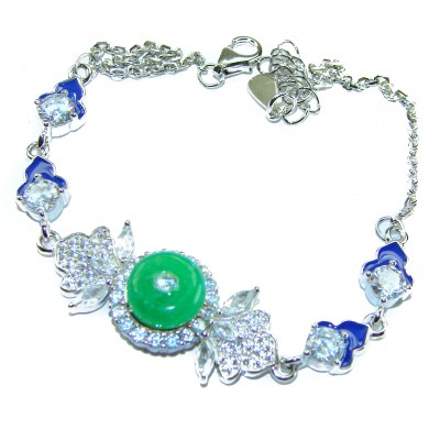 Art Deco - 4.8 carat Jade coral lapis lazuli enamel .925 Sterling Silver handmade Statement Bracelet