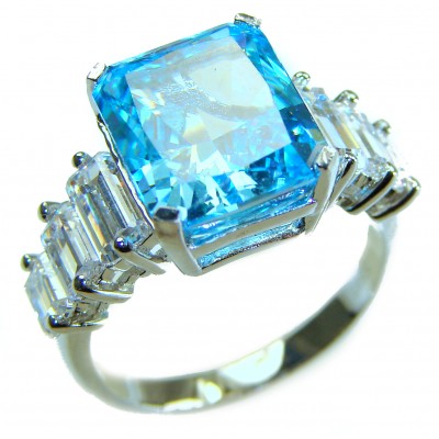 Art Deco 8.5 carat authentic Swiss Blue Topaz .925 Sterling Silver handmade Statement Ring size 6