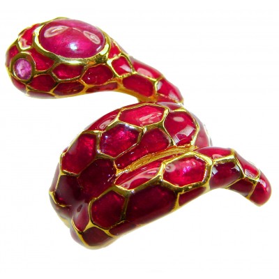 Red Snake Ruby Enamel 18K Gold over 3.5 carat Ruby .925 Sterling Silver Huge handcrafted Ring s. 6