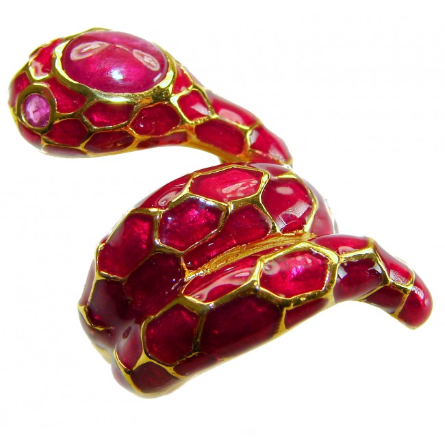 Red Snake Ruby Enamel 18K Gold over 3.5 carat Ruby .925 Sterling Silver Huge handcrafted Ring s. 6