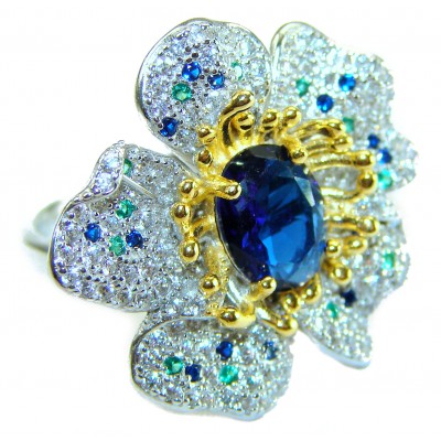 FLOWER - 4.8 carat Authentic SAPPHIRE 2 TONES .925 Sterling Silver Handcrafted Ring size 6 1/4