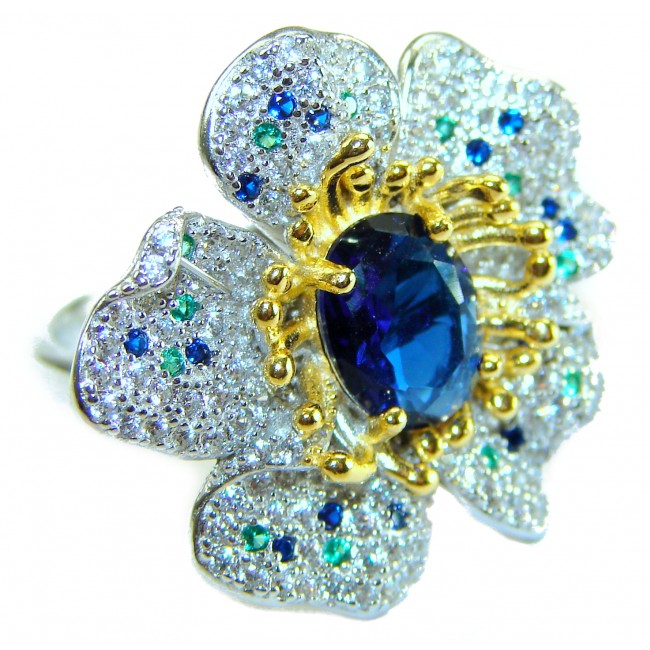 FLOWER - 4.8 carat Authentic SAPPHIRE 2 TONES .925 Sterling Silver Handcrafted Ring size 6 1/4