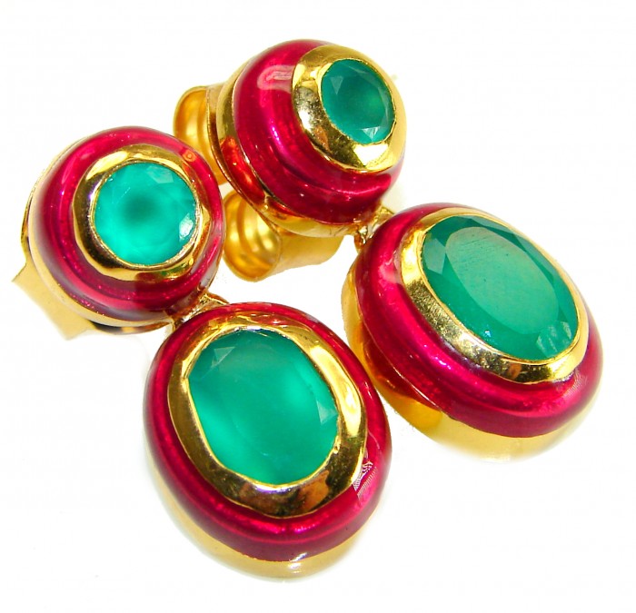 Countless Blessings Genuine 6.5 carat Authentic Emerald enamel 18K Gold over .925 Sterling Silver handcrafted earrings