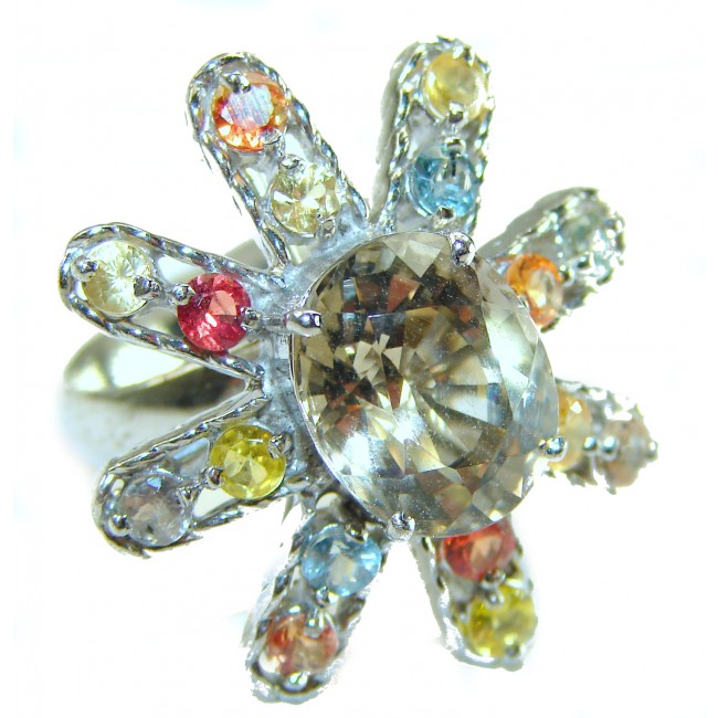 Celestial peace 15.5 carat Champagne Topaz MULTICOLOR SAPPHIRE .925 Sterling Silver HUGE Ring size 8