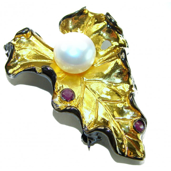 Genuine Mother of Pearl Ruby 14K Gold .925 Sterling Silver handmade Pendant Brooch