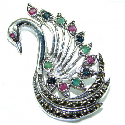 Perfect Swan Ruby 18K Gold over .925 Sterling Silver handmade Pendant Brooch