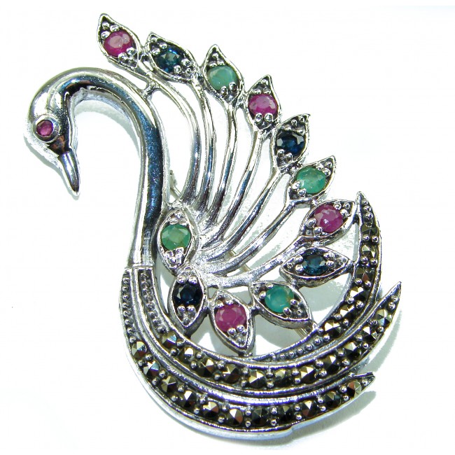 Perfect Swan Ruby 18K Gold over .925 Sterling Silver handmade Pendant Brooch