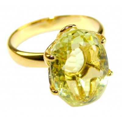 Solid 10.8 carat Genuine Lemon Quartz 18K Gold over .925 Sterling Silver handcrafted ring size 8 3/4