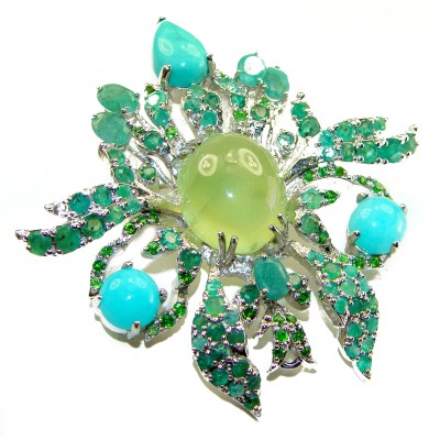 Gabriella 55.8 carat Colombian Emerald Prehnite Rhodium over .925 Sterling Silver handmade Pendant Brooch