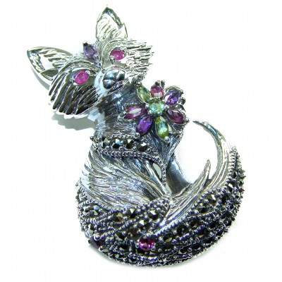 Fox - Natural Ruby .925 Sterling Silver handmade Pendant Brooch