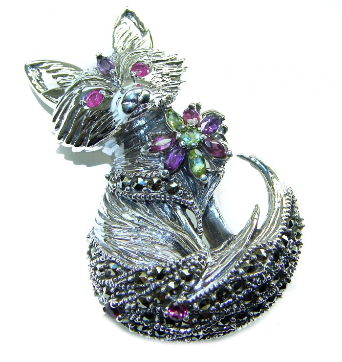 Fox - Natural Ruby .925 Sterling Silver handmade Pendant Brooch