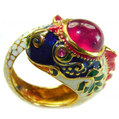 Large - Statement- Fish Enamel 9.8 CARAT Ruby 18K Gold over .925 Sterling Silver Huge handcrafted Ring s. 7