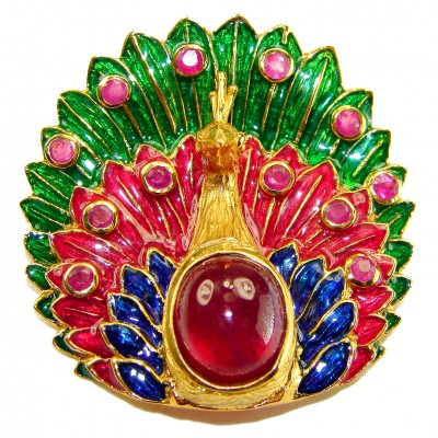 Luxurious Peacock genuine 12.5 carat Ruby Enamel 22K Gold over .925 Sterling Silver handmade Pendant - Brooch