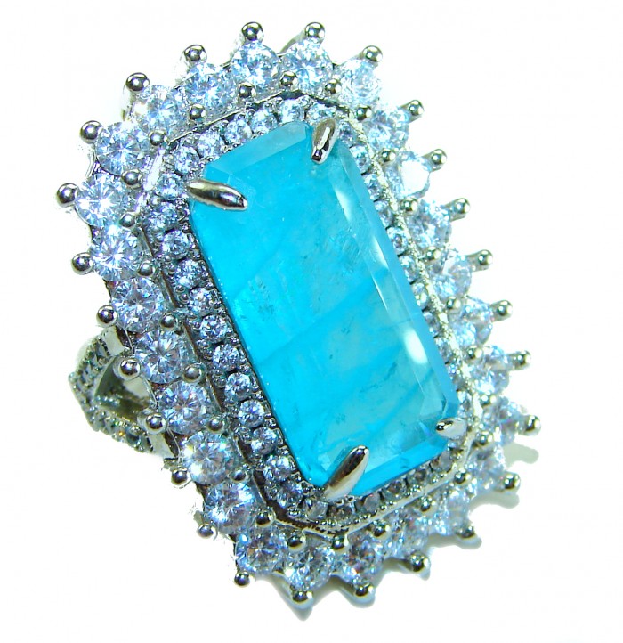 Luxurious baquette Cut 26.5 ctw Paraiba Tourmaline .925 Sterling Silver handcrafted Statement Ring size 6 1/4