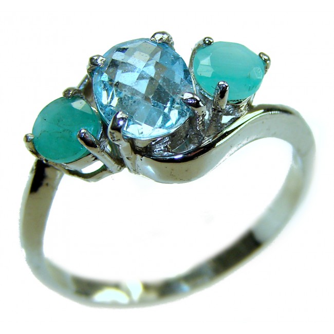 Emily 3.8 carat Swiss Aquamarine Emerald .925 Sterling Silver handmade Statement Ring size 8