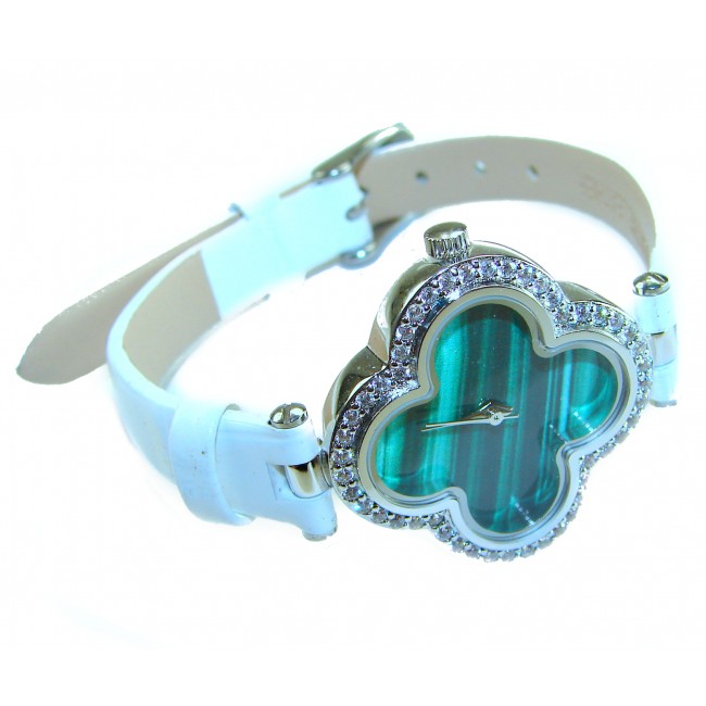 Precious 18.5 carat Authentic Four Leaf Clover Onyx Genuine Leather strap .925 Sterling Silver handmade Watch