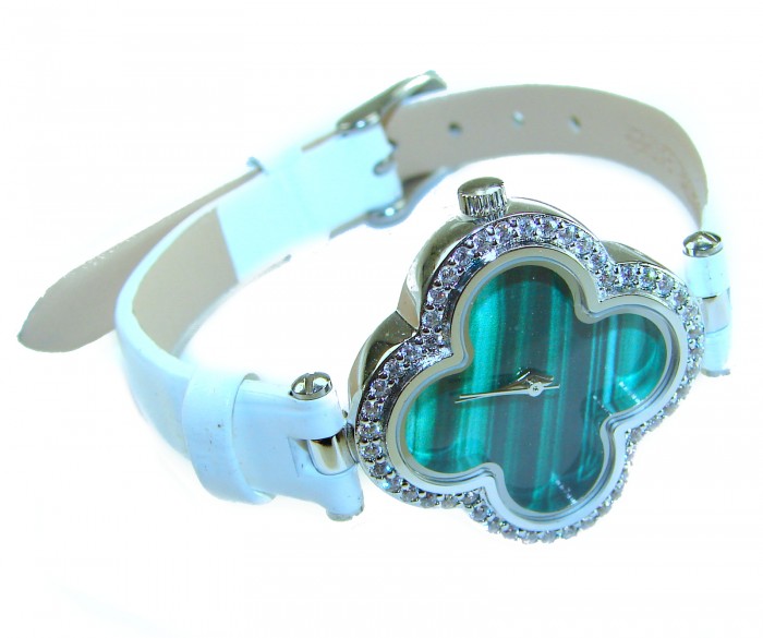 Precious 18.5 carat Authentic Four Leaf Clover Onyx Genuine Leather strap .925 Sterling Silver handmade Watch