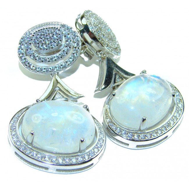 Moonlight Serenade authentic 17.5 carat Fire Moonstone Rhodium over .925 Sterling Silver handcrafted Statement earrings