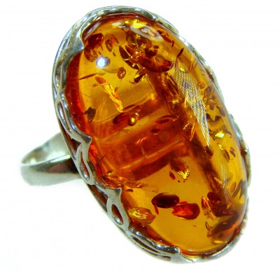 Beauty of the Nature Baltic Amber .925 Sterling Silver handcrafted ring; s. 7 adjustable