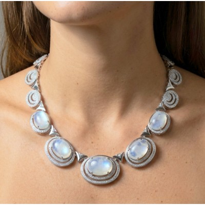 Moonlight Serenade authentic 62.5 carat Fire Moonstone Rhodium over .925 Sterling Silver handcrafted necklace