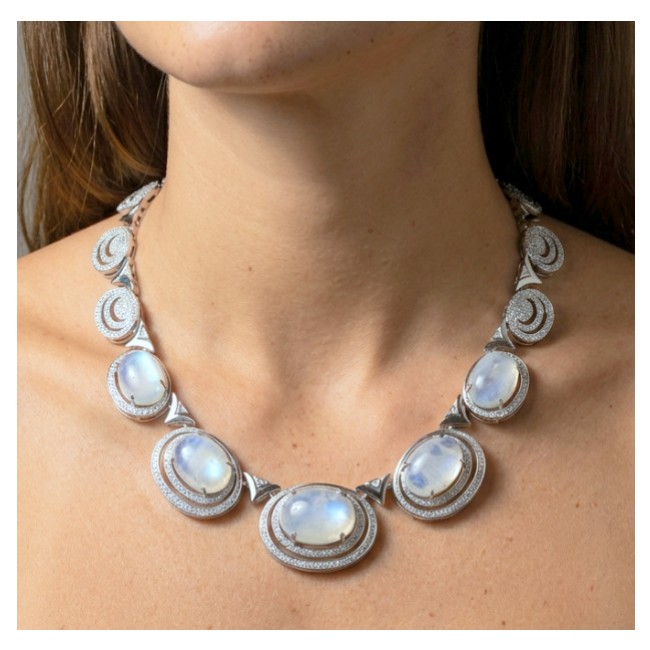 Moonlight Serenade authentic 62.5 carat Fire Moonstone Rhodium over .925 Sterling Silver handcrafted necklace