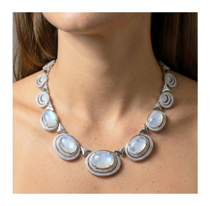 Moonlight Serenade authentic 62.5 carat Fire Moonstone Rhodium over .925 Sterling Silver handcrafted necklace