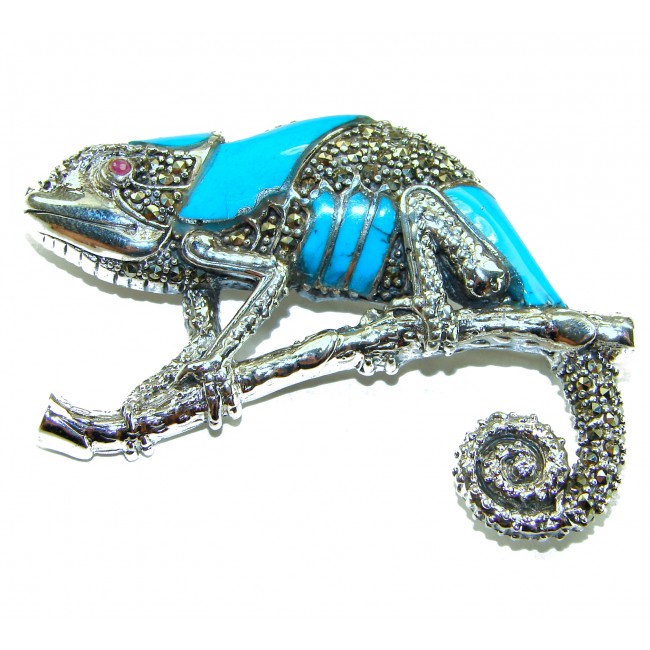 Spectacular Big Chameleon Lizard inlay Turquoise .925 Sterling Silver handmade Brooch