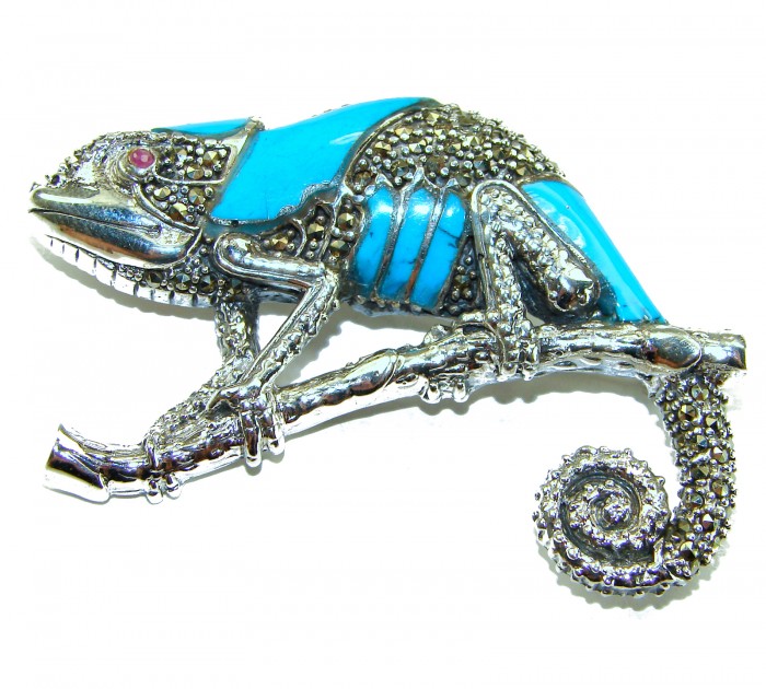 Spectacular Big Chameleon Lizard inlay Turquoise .925 Sterling Silver handmade Brooch