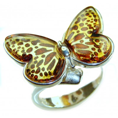 Butterfly Authentic carved Baltic Amber .925 Sterling Silver handcrafted ring; s. 8 adjustable