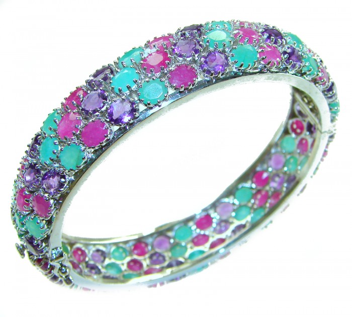 Anna Maria Authentic 61.2 carat Ruby Emerald Sapphire .925 Sterling Silver handmade bangle Bracelet